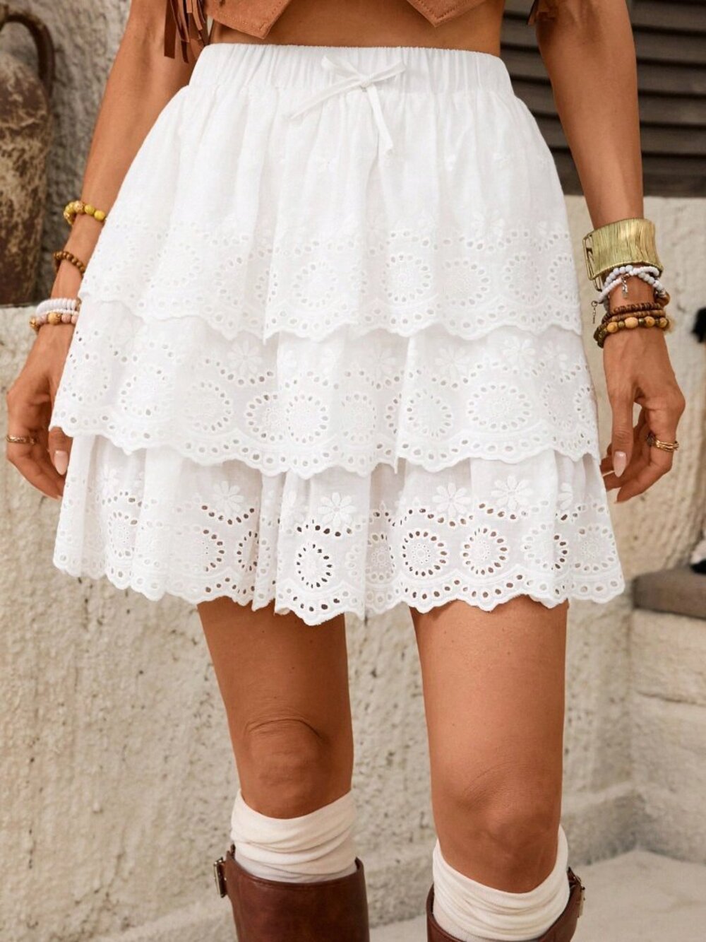 White Boho Women's Tiered Layers Semi-Sheer Mini Skirt - Picture 3 of 7